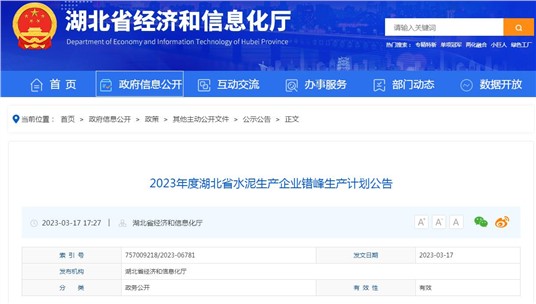 2023年度湖北省水泥生产企业错峰生产计划公告